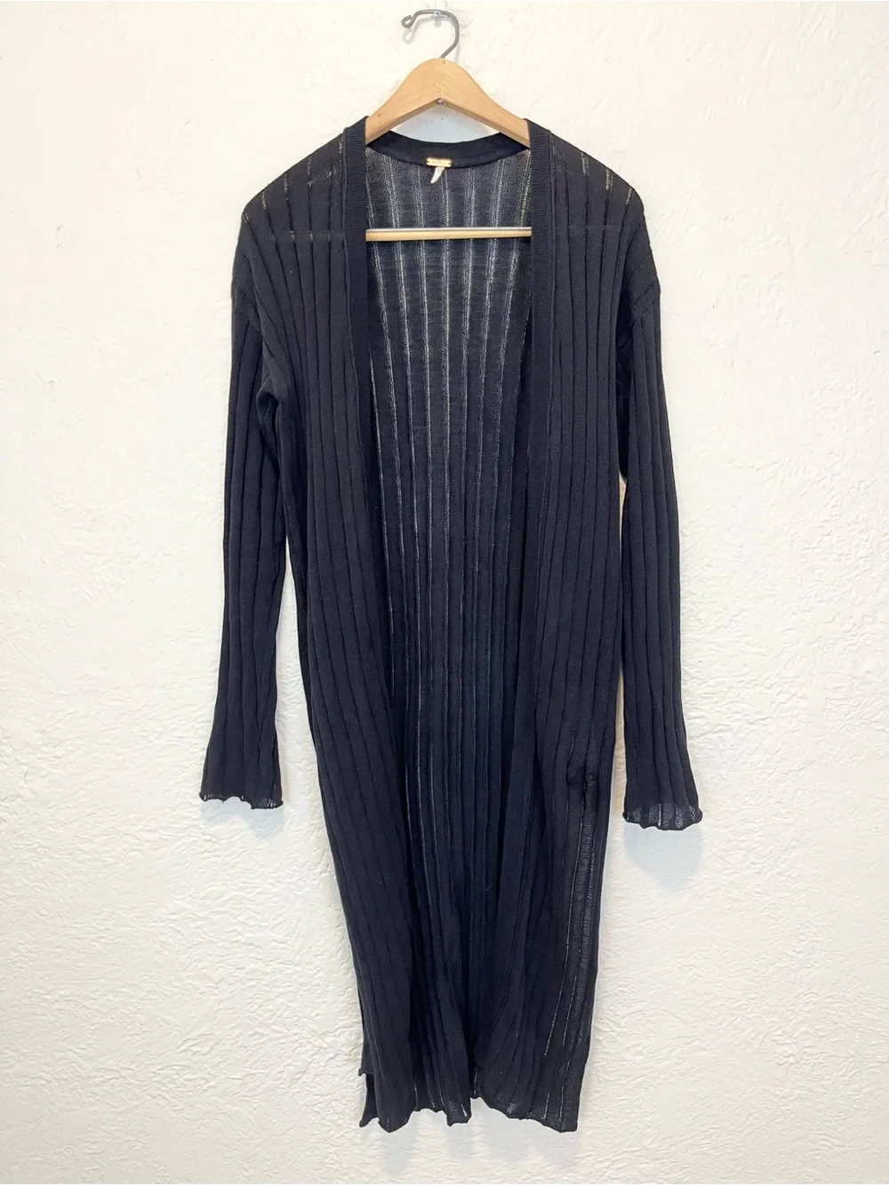 Free People Black Duster Cardigan Ribbed Boho Bohemian Festival Hippie Medium M